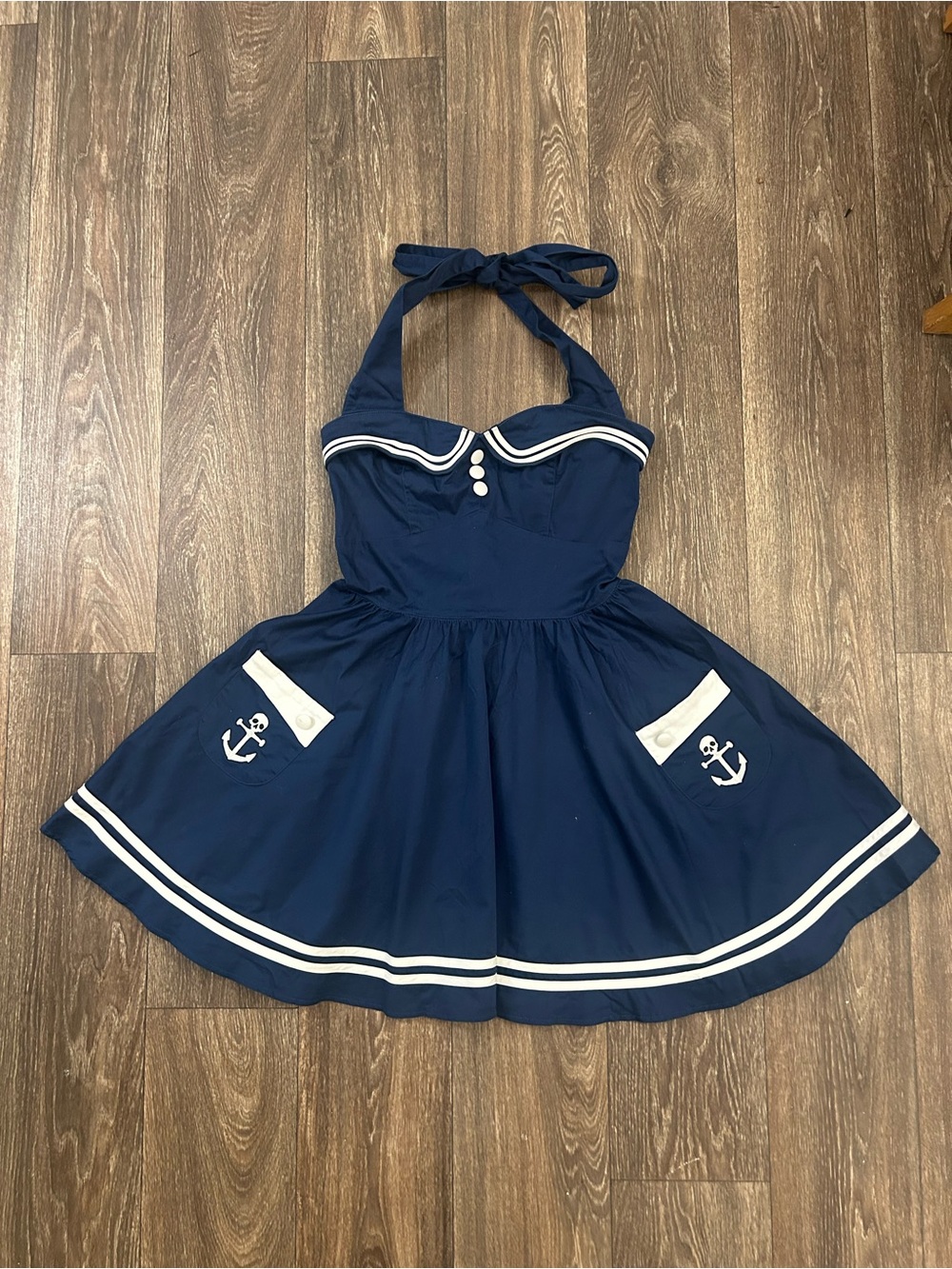 Hell Bunny Vixen navy blue / white halter style sailor mini dress, M